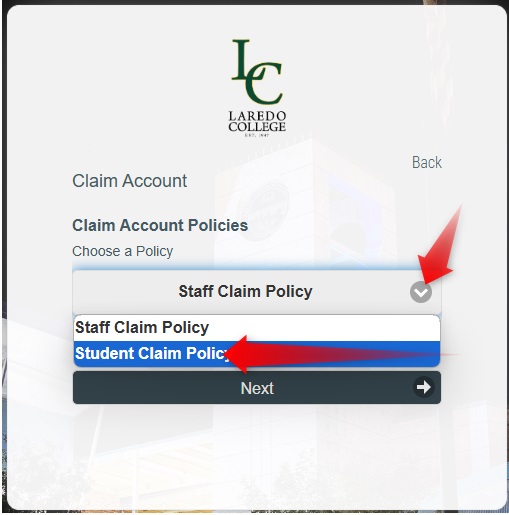Step 3 - Select "Staff" or "Student" Claim Policy Screenshot