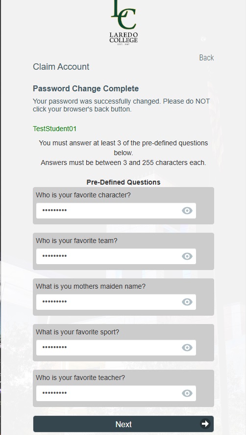 Step 6 - Choose and Answer at least 3 of 5 Security Questions screenshot