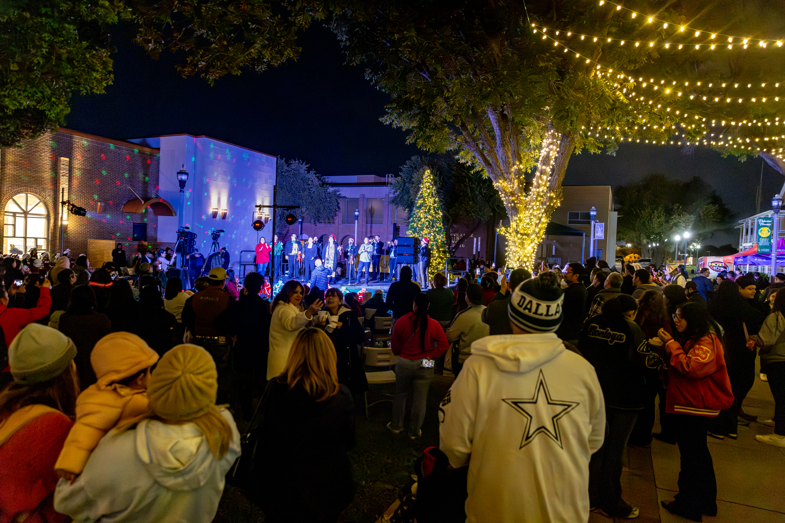 crowd gathers around tree lighting ceremony