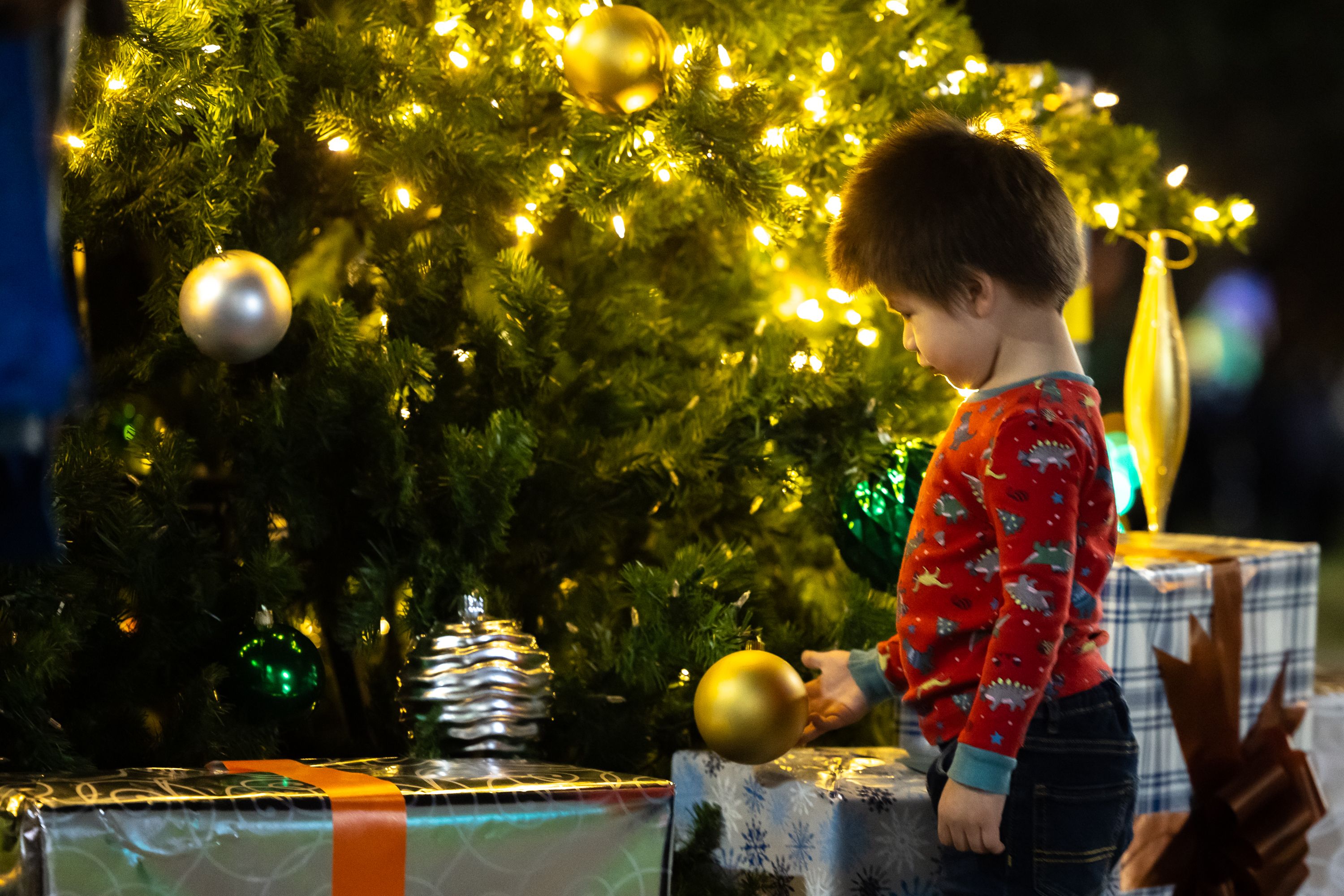 Child looks at ornaments